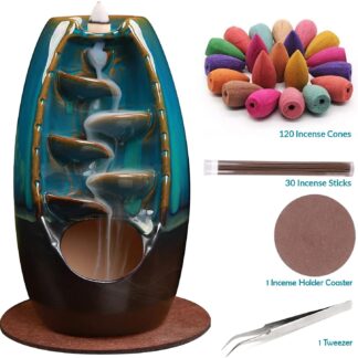 HITO Ceramic Backflow Incense Holder - Aromatherapy & Home Decor, Portable Burner, Includes 120 Backflow Incense Cones & 30 Incense Sticks